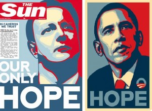 سمت راست پوستر اوباما در مبارزات انتخاباتی 2008- سمت چپ صفحه اول سان در روز انتخابات